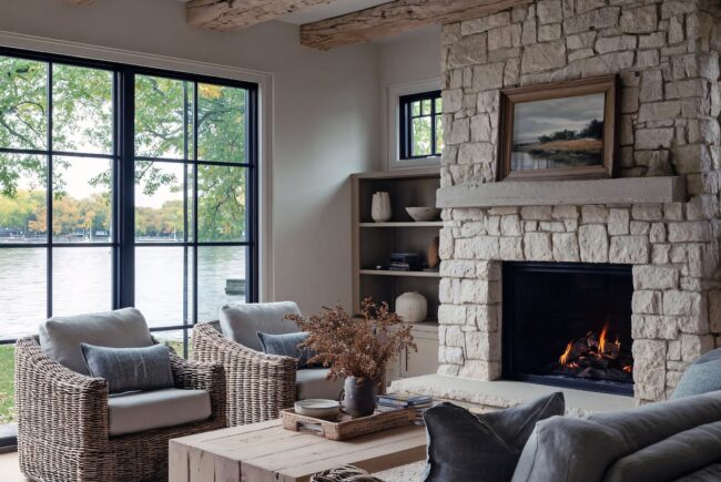 Fireplace in lake home